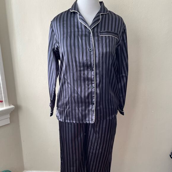 Silky Black & Gray Striped Two Piece Pajama Set - Picture 1 of 6
